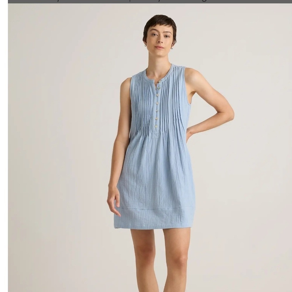 NEW Quince Dress SZ M Blue Organic Cotton Gauze Sleeveless Swing Mini Pockets